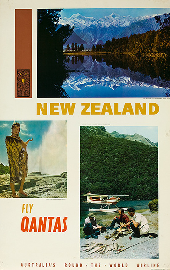 Dp Vintage Posters New Zealand Fly Qantas Original Travel Poster Photo Montage 0304