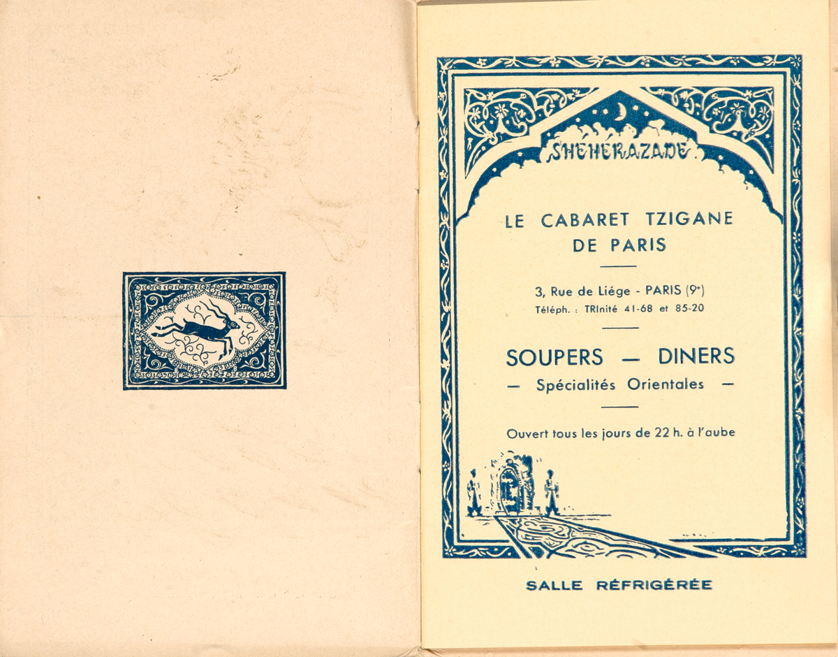 Sheherazade Le Cabaret Tzigane de Paris Night Club Menu