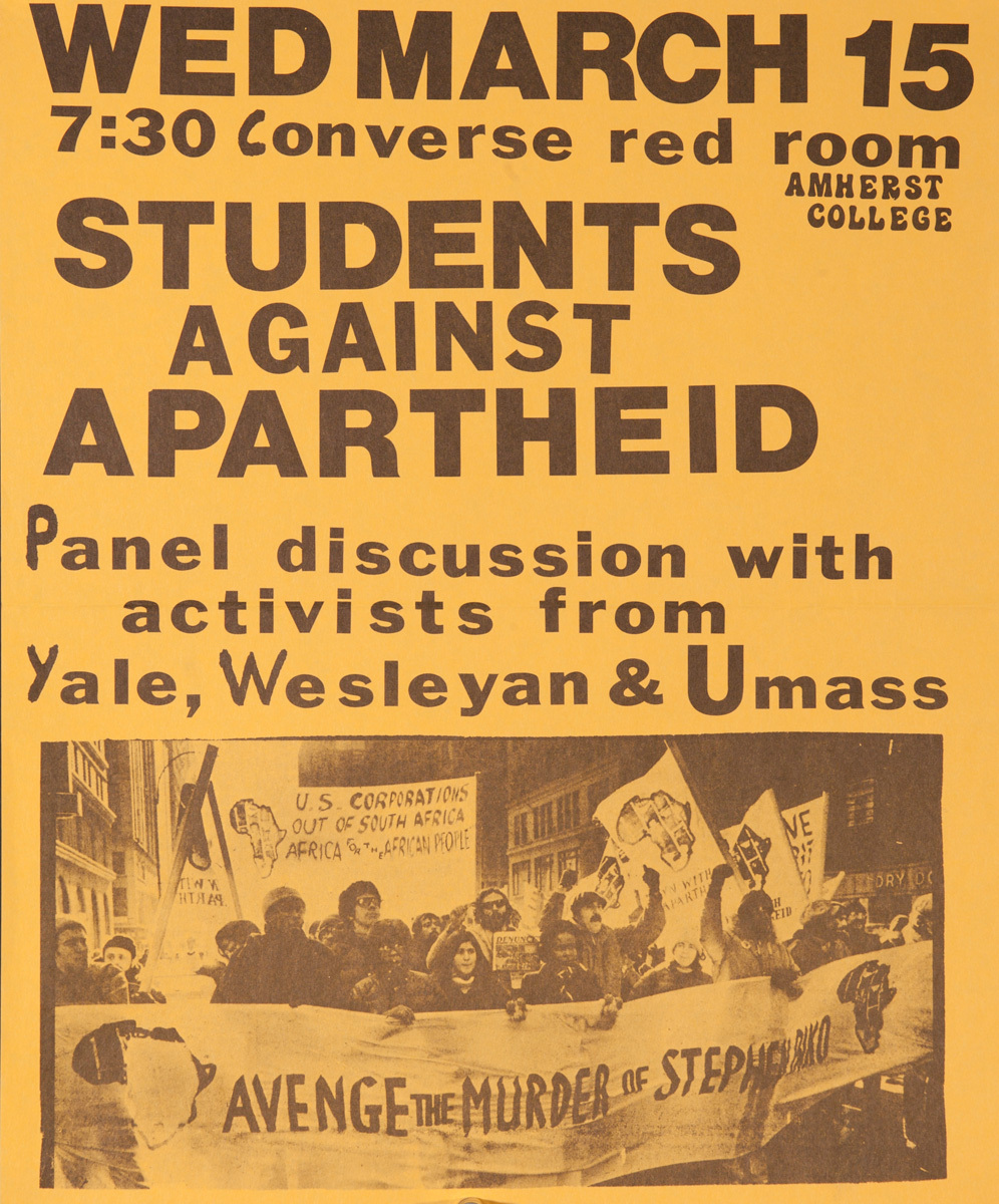 Students Against Apartheid, Panel discussion with activists from Yale, Wesleyan & Umass. Original American College Protest Poster