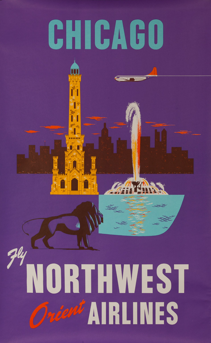 Chicago Fly Northwest Orient Airlines, Original Travel Poster
