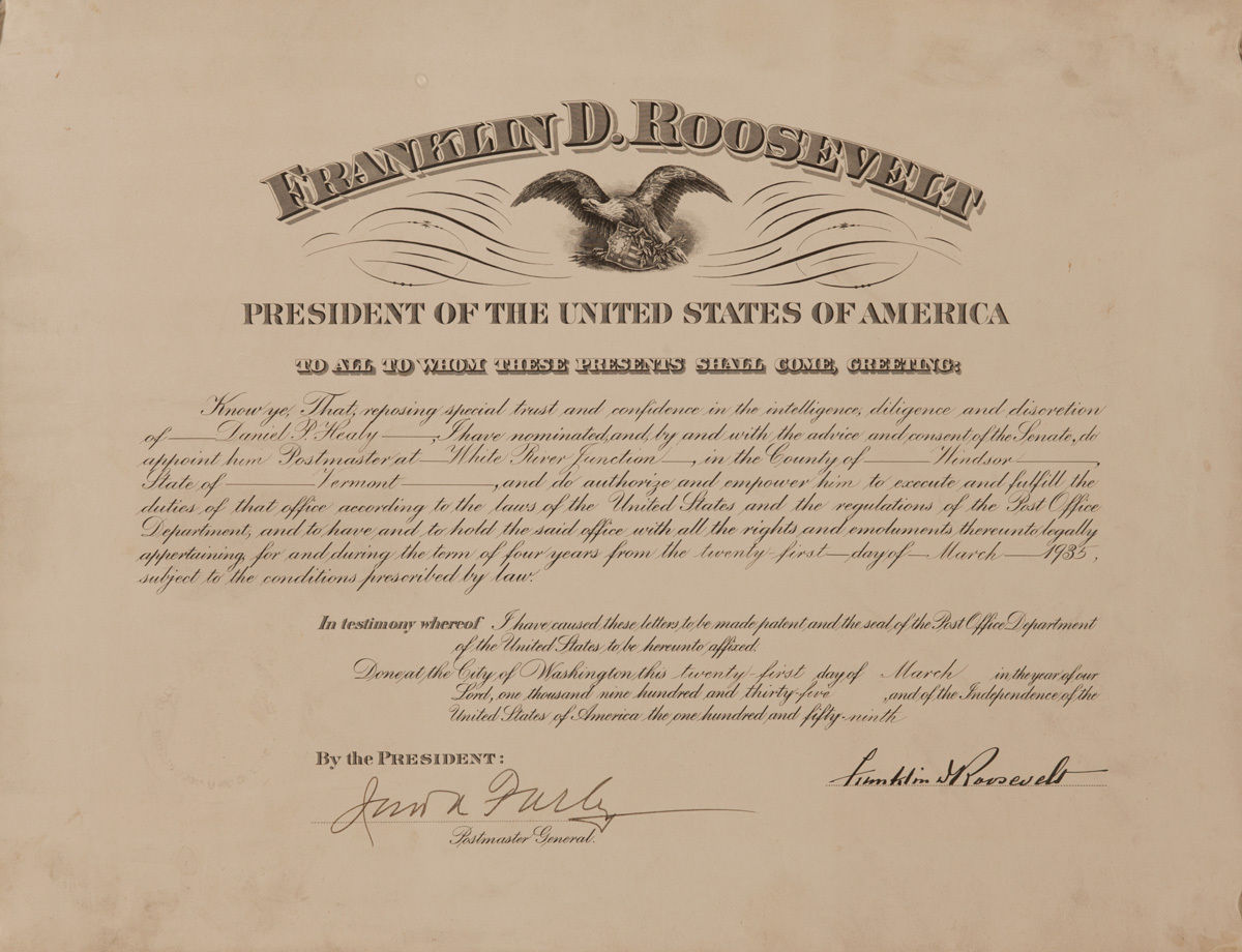 Franklin D. Roosevelt Signed Postmaster Certificate