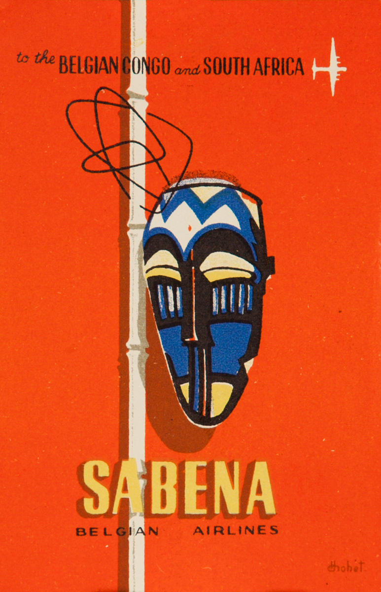 Sabena Belgian Air Lines Original Luggage Label, African Mask 
