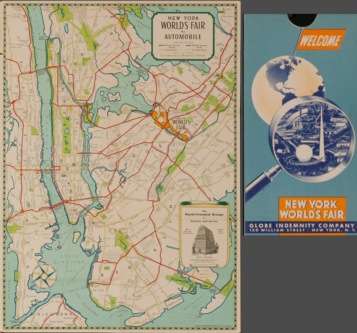 1939 New York World's Fair by Automobile Original Travel Map, Global Indemnity Company