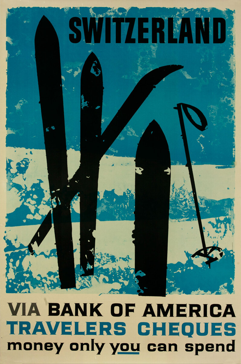 Bank of America Travelers Check Original Vintage Advertising Poster, Switzerland Skis