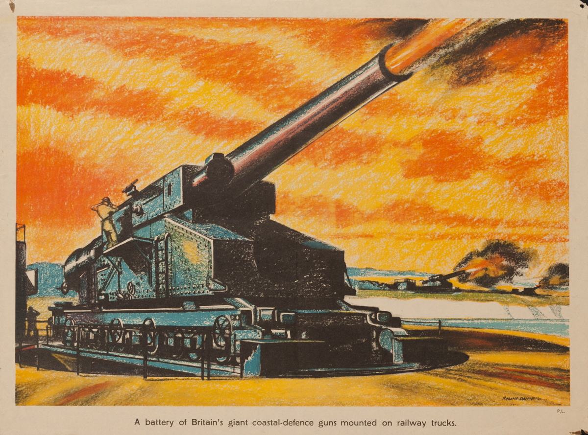 A battery of Britain's giant coastal -defense guns, mounted on railway trucks, Original British WWII Poster