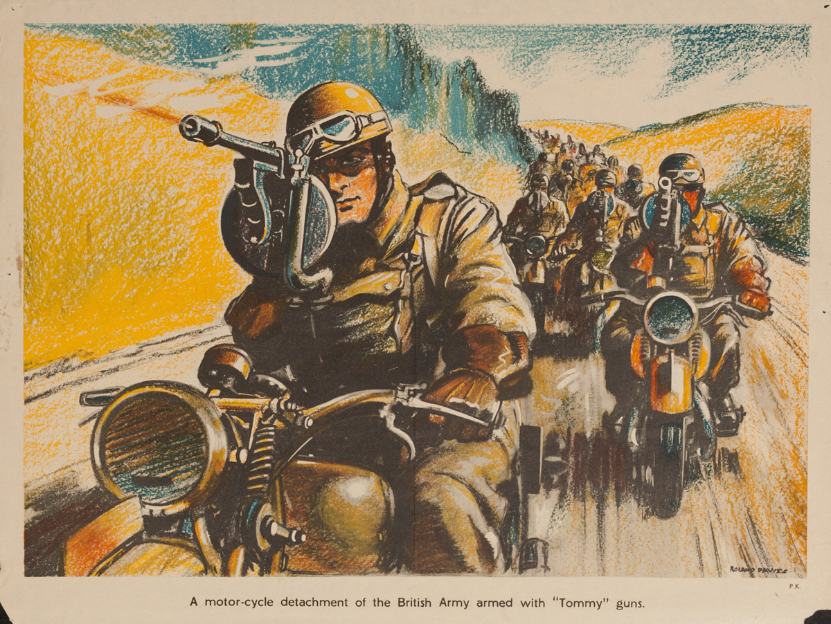 A motorcycle detachment of the British army, armed with Tommy guns, Original British WWII Poster