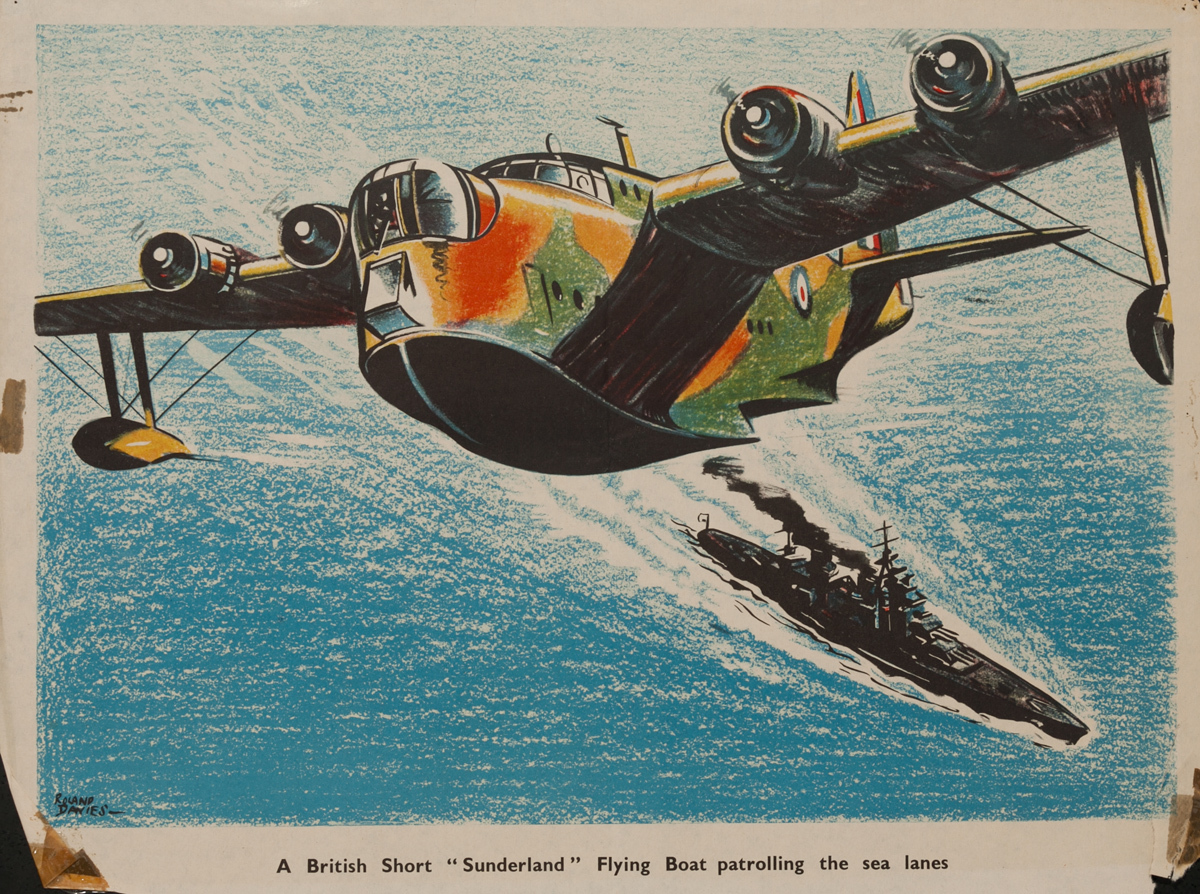 A British sort ‘Sunderland’ flying boat patrolling the sea lanes, Original British WWII Poster