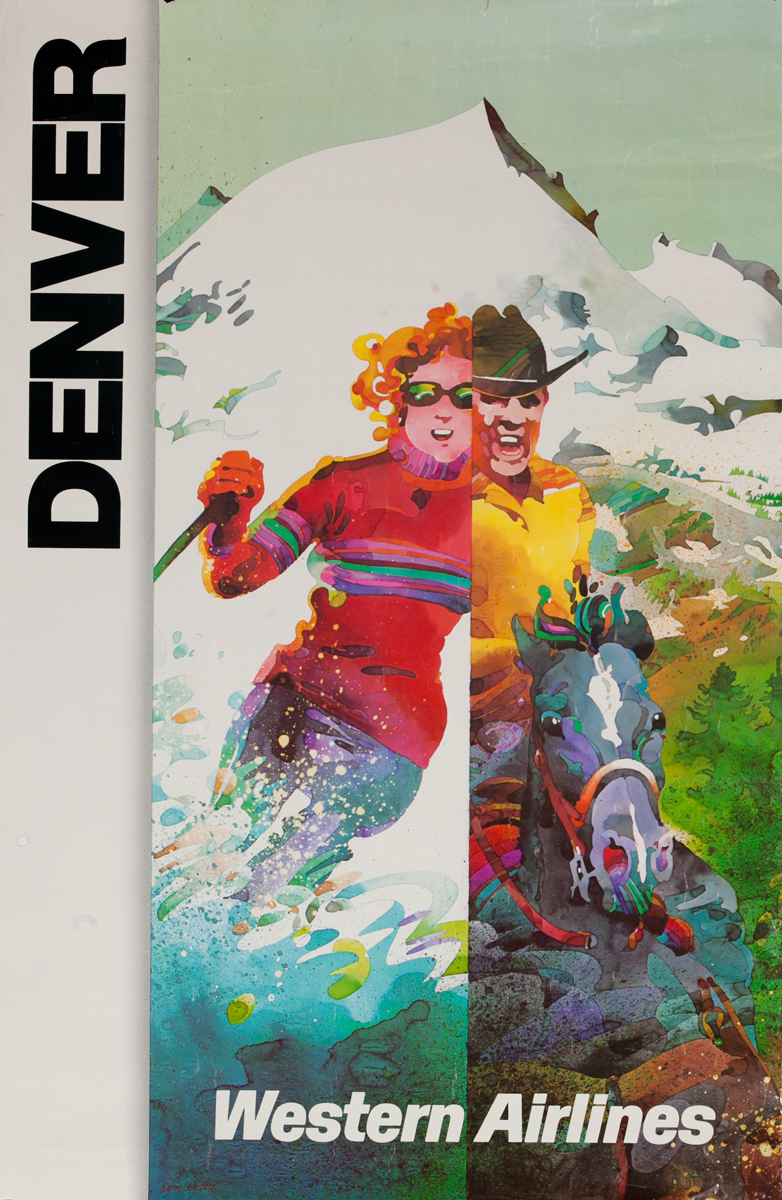 Western Airlines Denver, Cowboy - Skier, Original Travel Poster