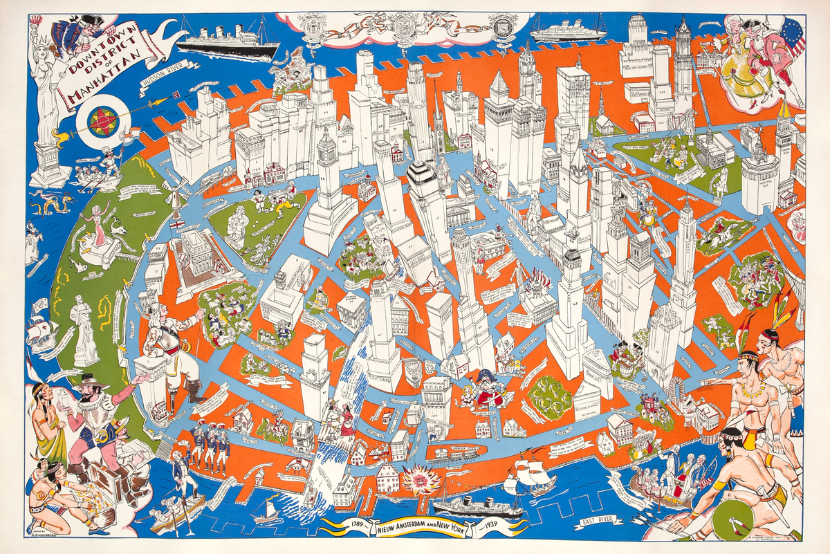 Downtown District of Manhattan, Wonderful Illustrated Map Poster, 1789 Nieuw Amsterdam and New York 1939