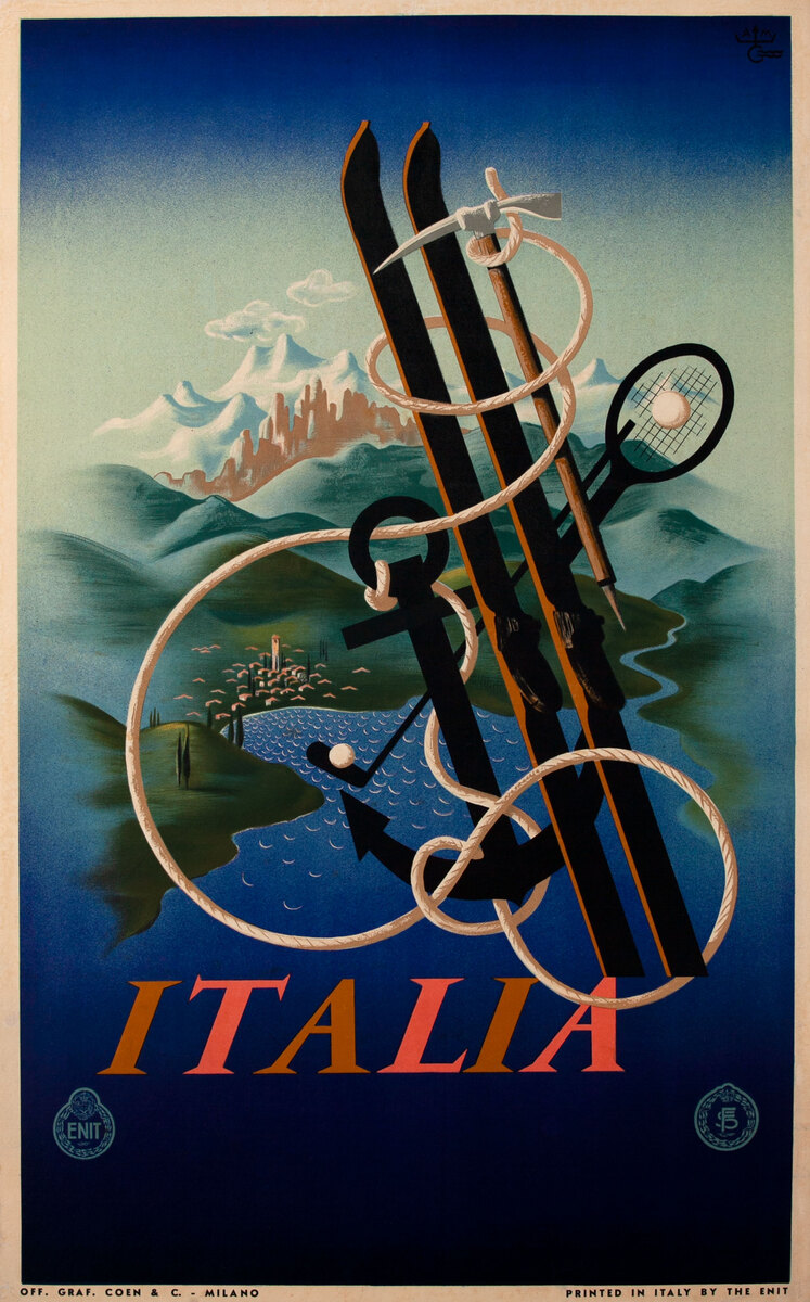 Italy The Ideal Land for All Sports, Original Italian Travel Ski Golf Poster