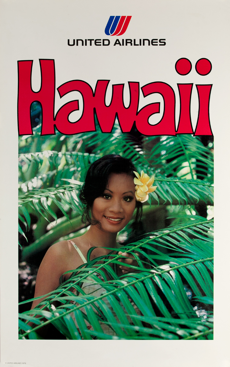 United Airlines Original Travel Poster Hawaii woman with flower