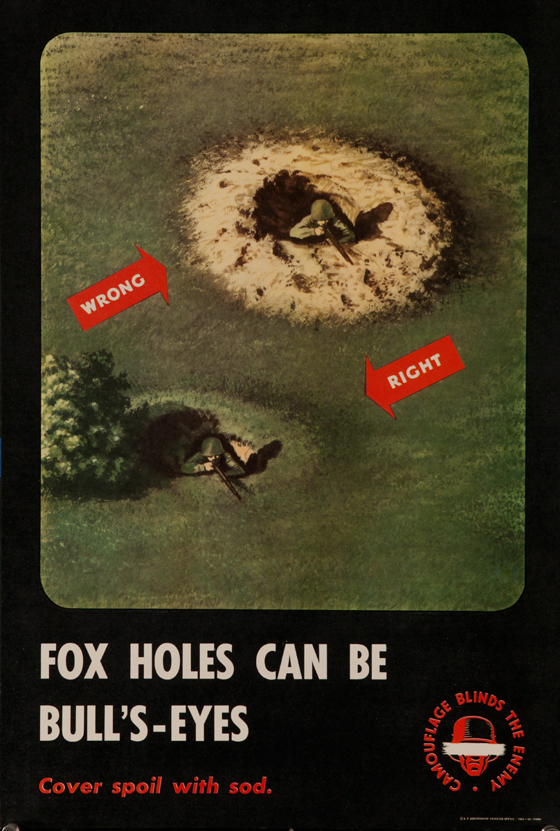 Camouflage Blinds the Enemy, Fox Holes can be Bull's-Eyes<br><br>WWII Training Poster