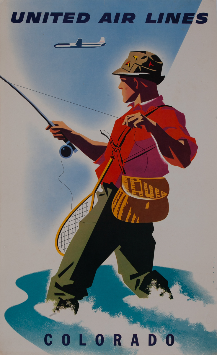 United Air Lines Colorado Fly Fisherman Travel Poster