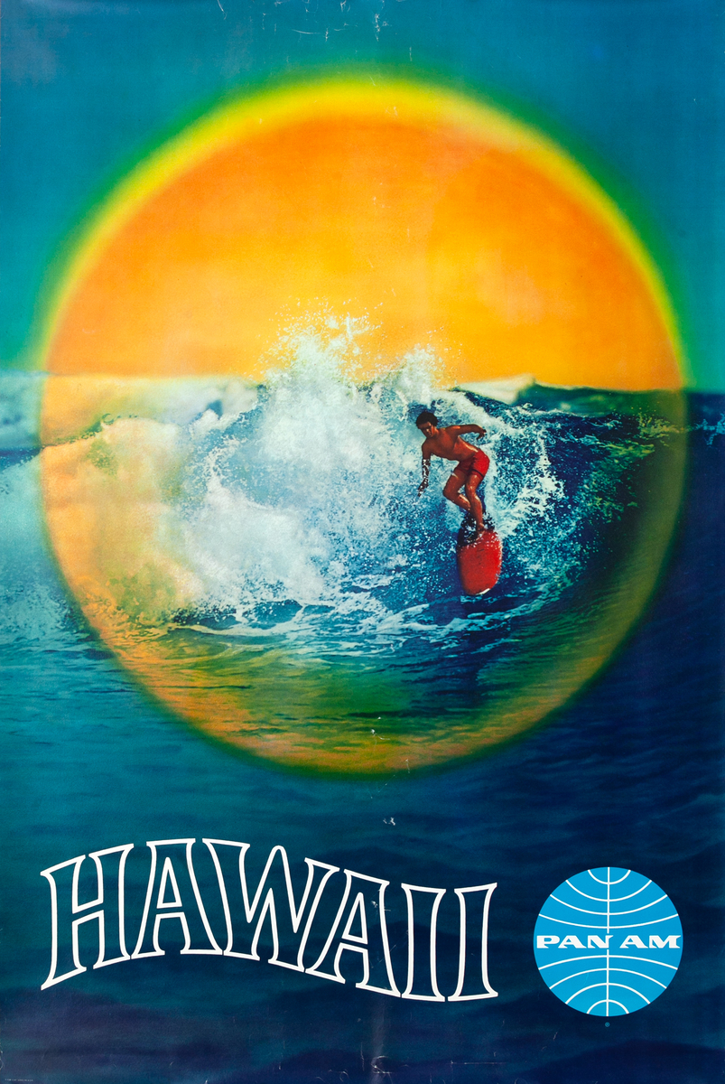 Hawaii Pan Am Original Travel Poster Surfer