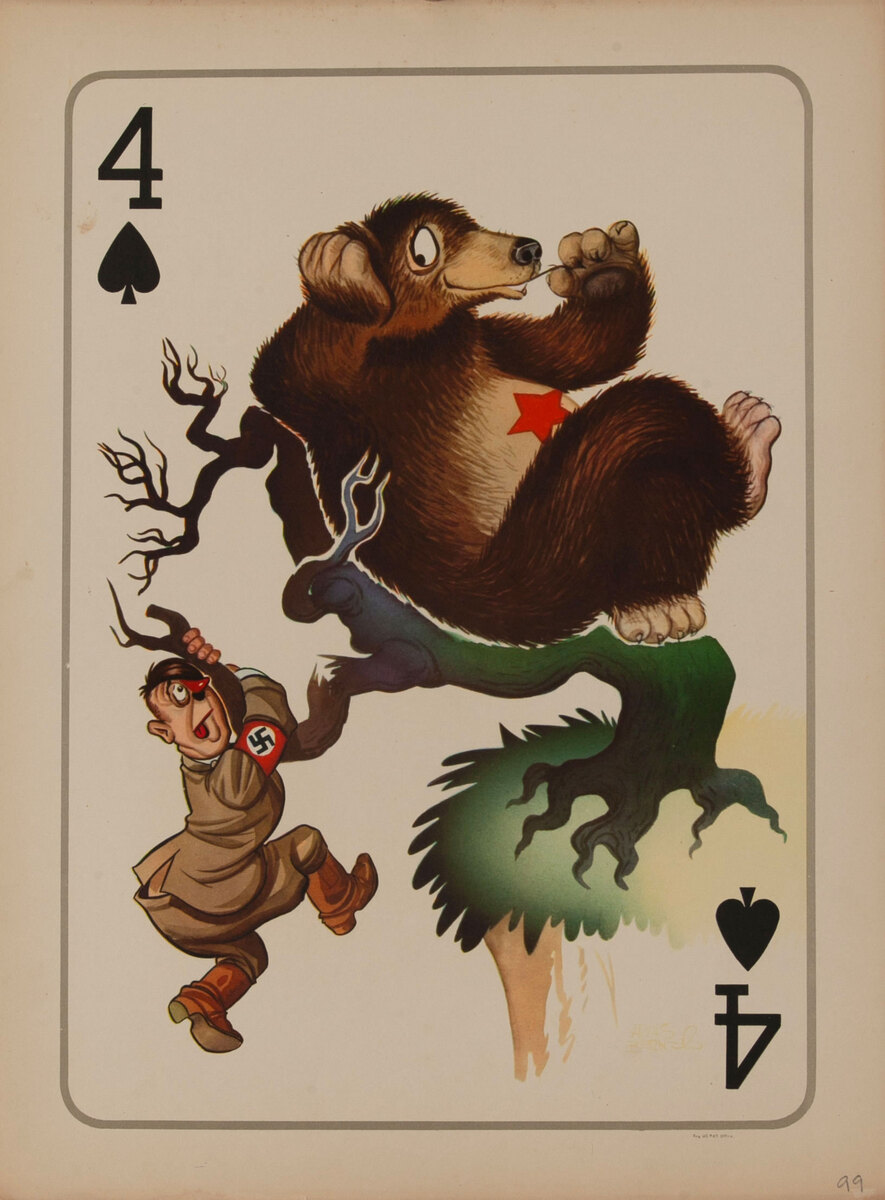 4 Spades WWII Satire Playing Card - Hitler with Russian Bear 