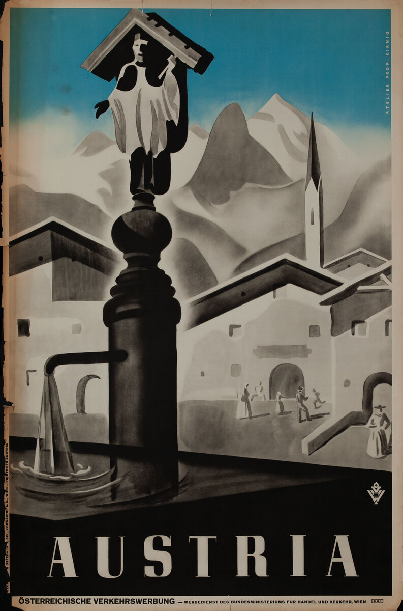 Austria Travel Poster, Town fountain