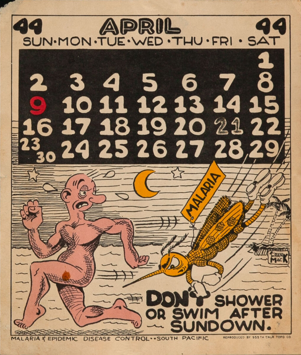 Don;t Shower or Swim After Sundown - WWII Malaria Control Poster 