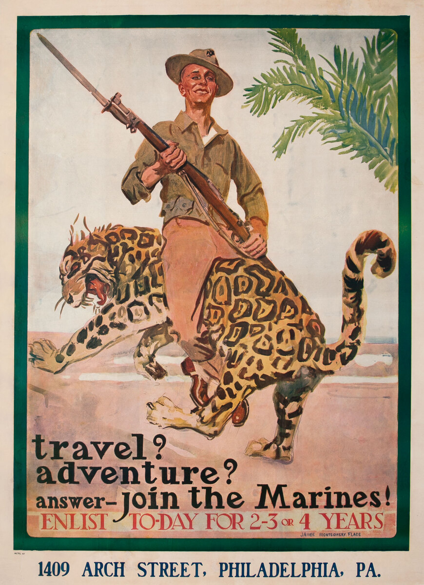 Travel? Adventure? answer - join the Marines Enlist To-Day WWI Recruiting Poster