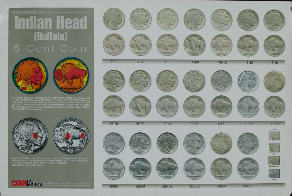 Coin Values Grading Condition Poster - Indian Head Buffalo 5-Cent Coin
