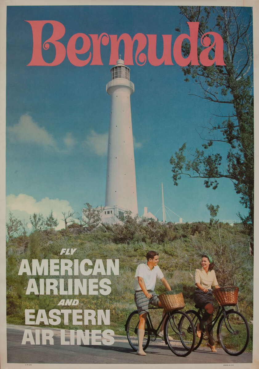Bermuda Original Fly American Airlines and Eastern Air Lines Travel Poster Couple On Bicycles