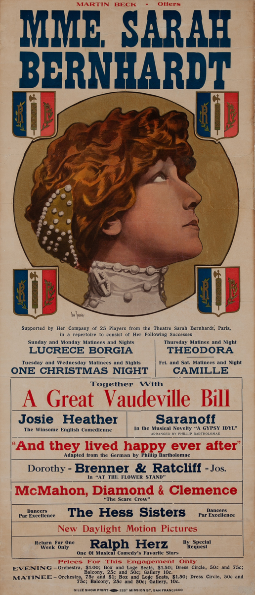 Martin Beck Offers Mme. Sarah Bernhardt Original Theater Poster