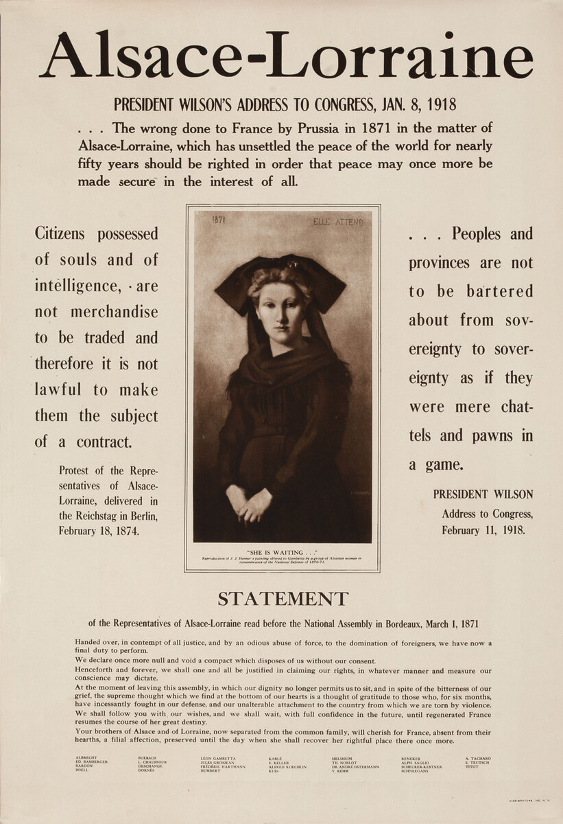 Alsace - Lorraine President Wilson's Address to Congress, Jan. 8, 1918 Original WWI Poster