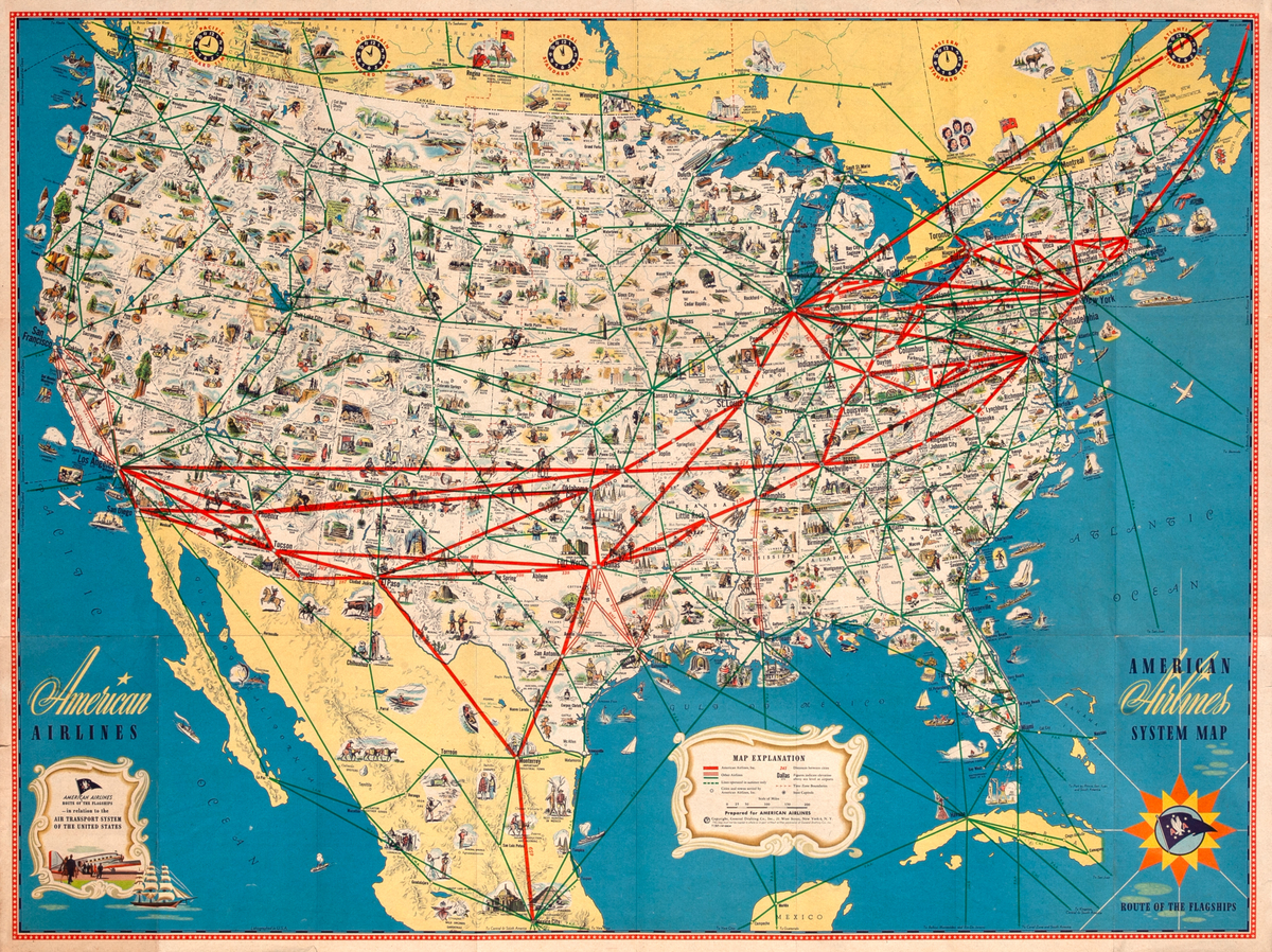 American Airlines System Map Route of the Flagships Original Route Map Poster