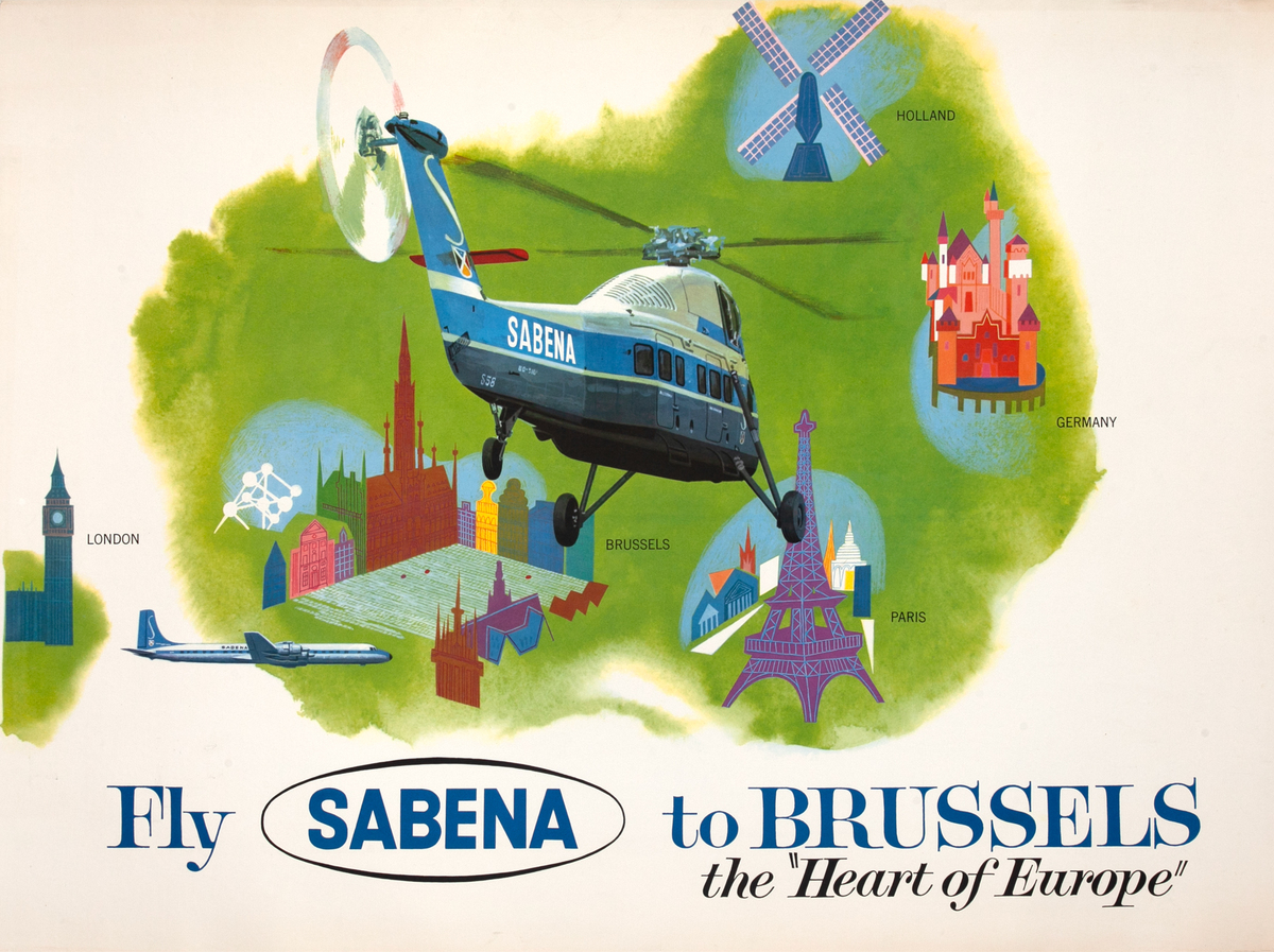Fly Sabena to Brussels the 'Heart of Europe' Original Travel Poster