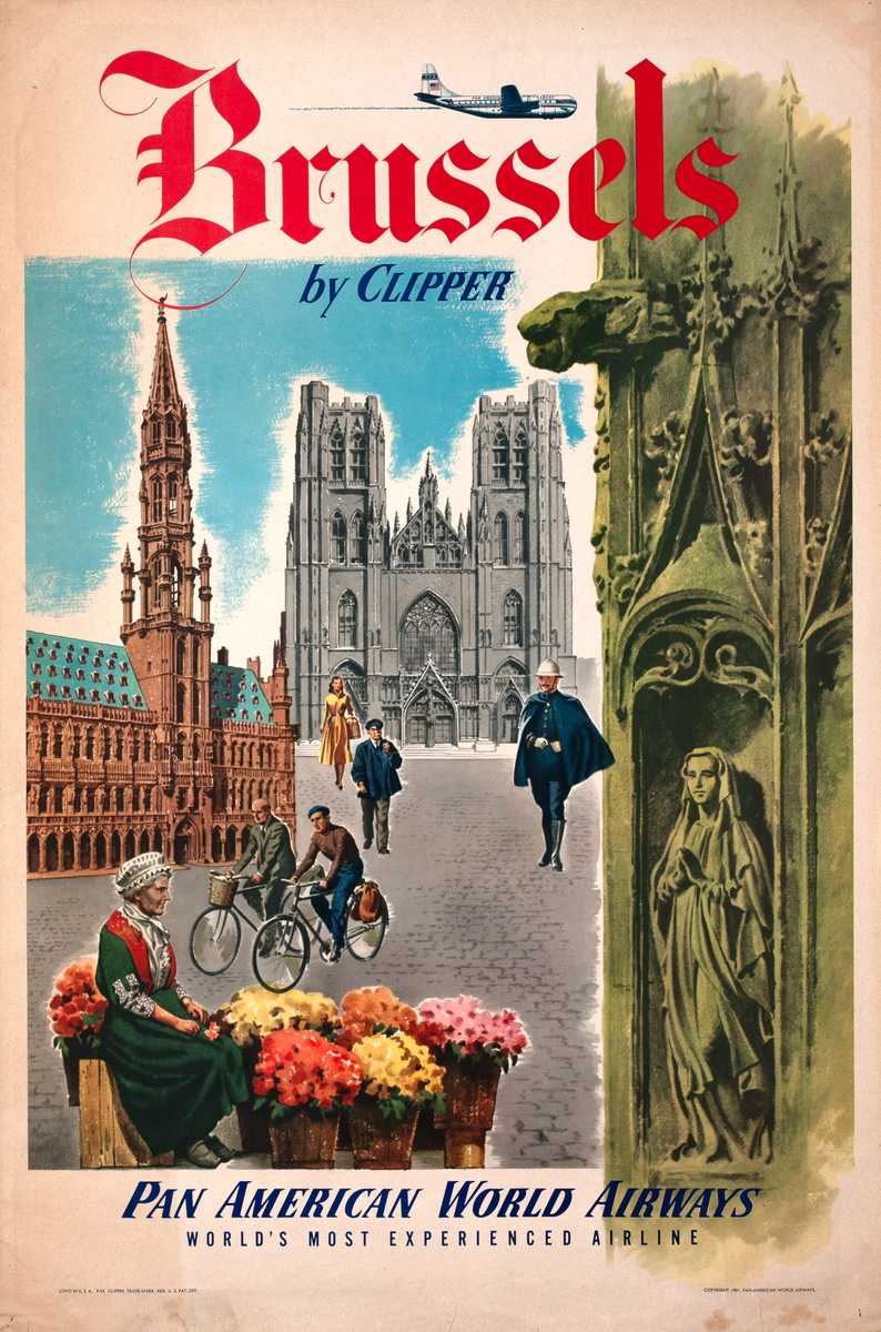 Brussels by Clipper Pan American World Airlines Original Belgium Travel Poster