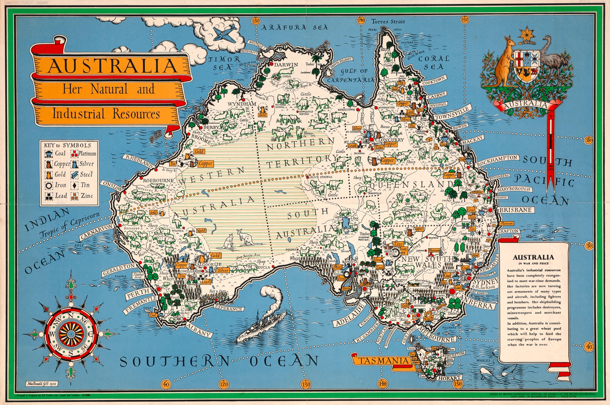 Australia Her Natural and Industrial Resources Original WWII Map Poster