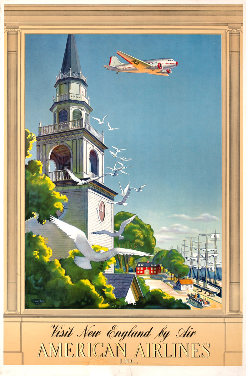 Visit New England by Air Original American Airlines Travel Poster