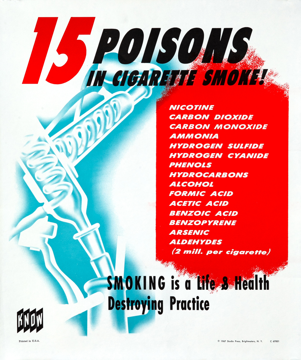 KNOW 15 Poisons in Cigarette Smoke! Original American Anti-Cigarette Poster