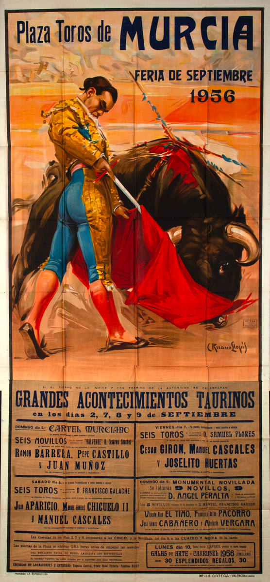 Plaza Toros de Murcia - Feria de Septiembre 1956 - Huge Original Spanish Bullfight Poster