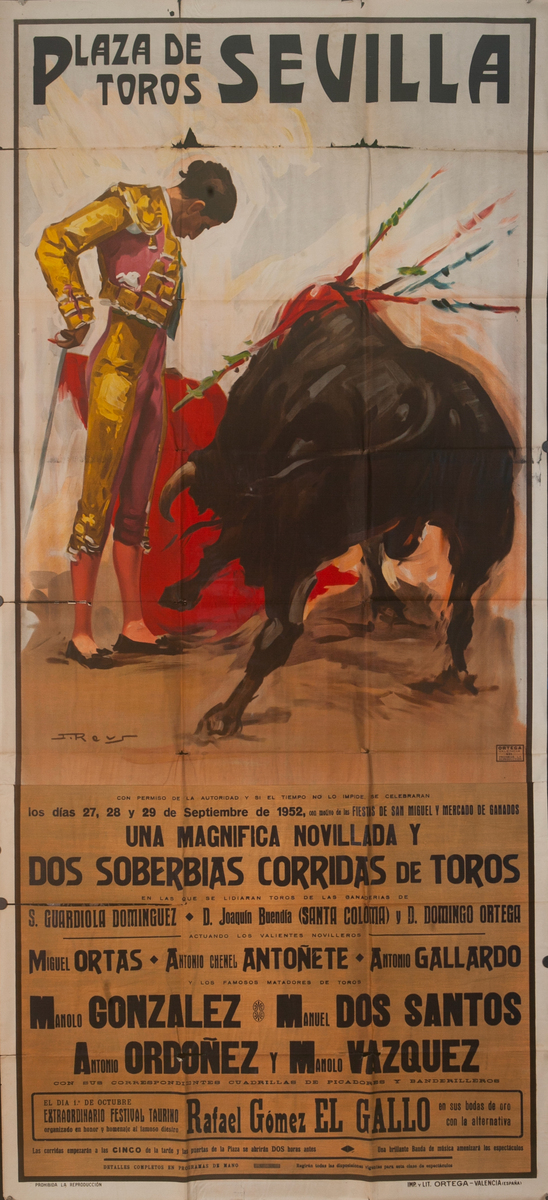 Plaza de Toros Sevilla Huge Original Spanish Bullfight Poster