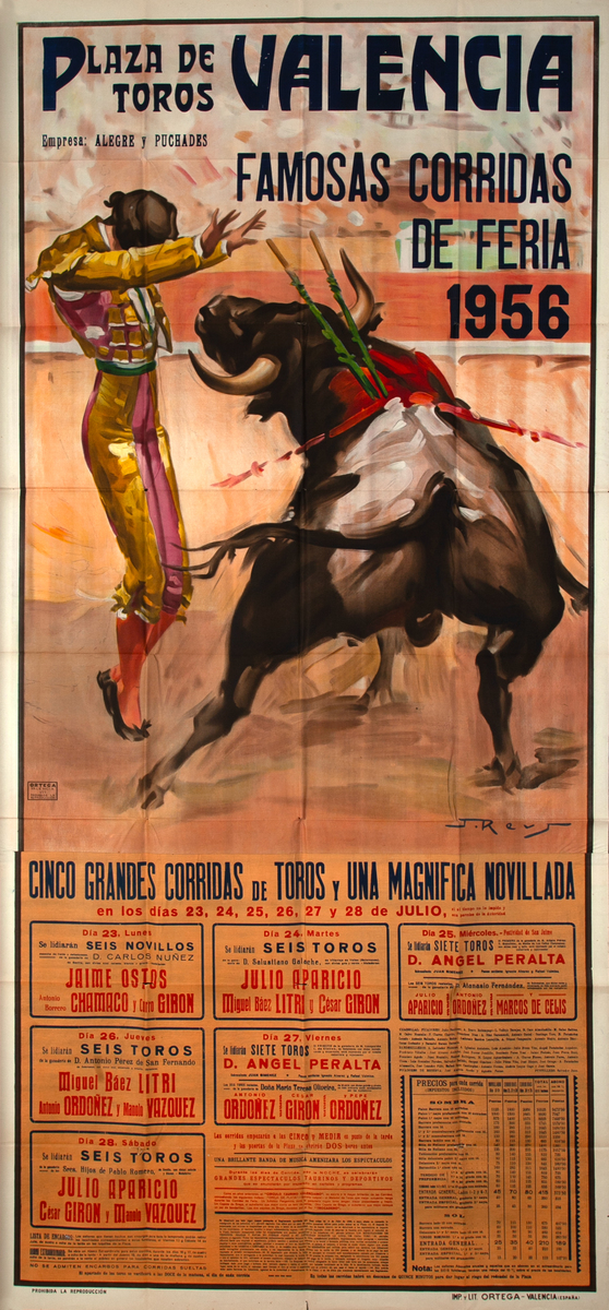 Plaza de Toros Valencia - Famosas Corridas de Feria 1956 - Huge Original Spanish Bullfight Poster