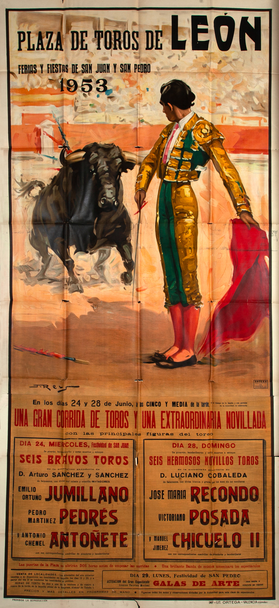 Plaza de Toros de Leon - Ferias y Fiestas de San Juan y San Pedro - Huge Original Spanish Bullfight Poster