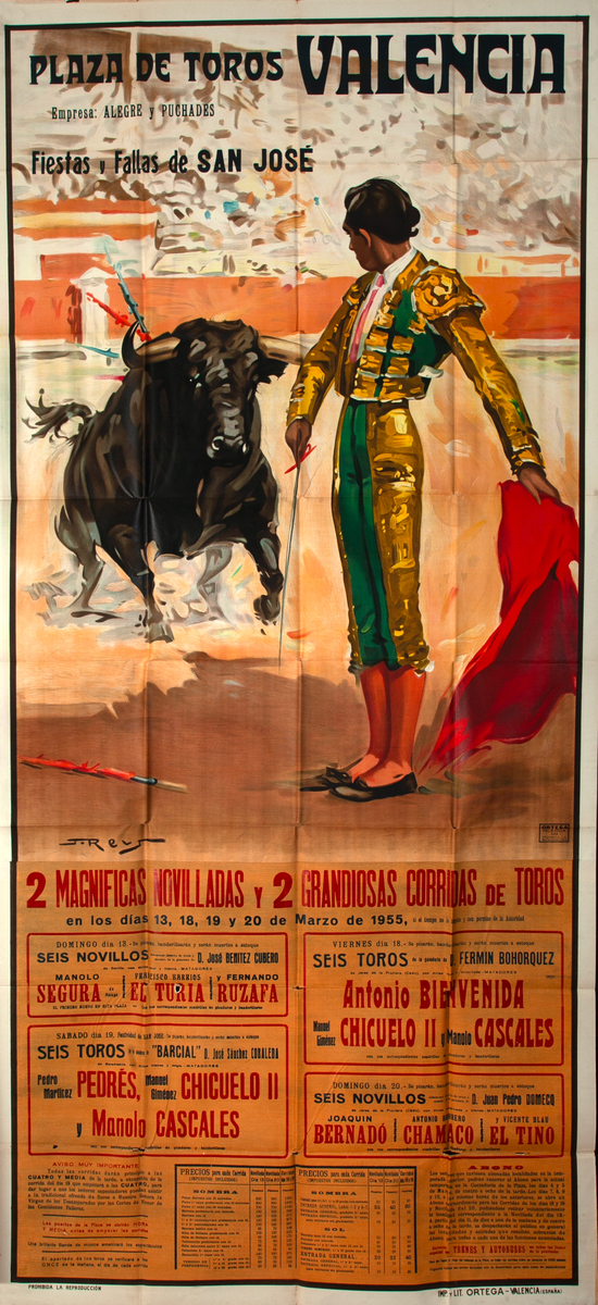 Plaza de Toros Valencia - Fiestas y Fallas de San José - Huge Original Spanish Bullfight Poster - Charging Bull