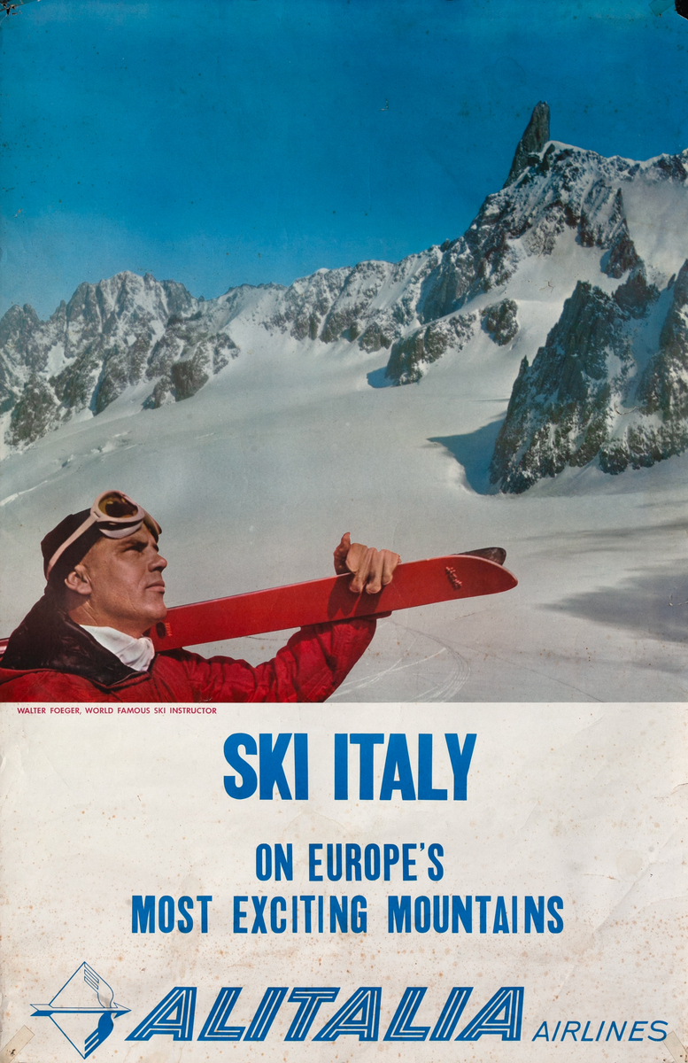 Ski Italy on Europe's Most Exciting Mountains Original Alitalia Airlines Travel Poster