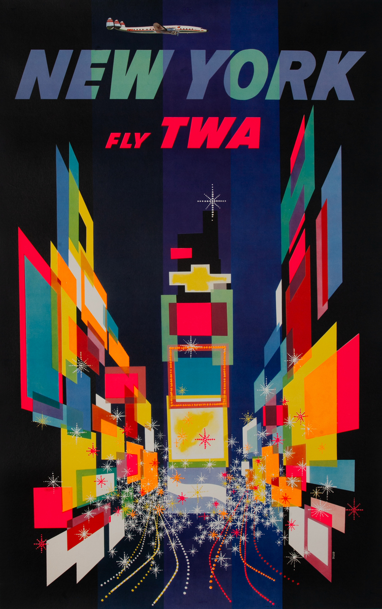 New York Fly TWA Times Square Original Travel Poster, Broadway at Night