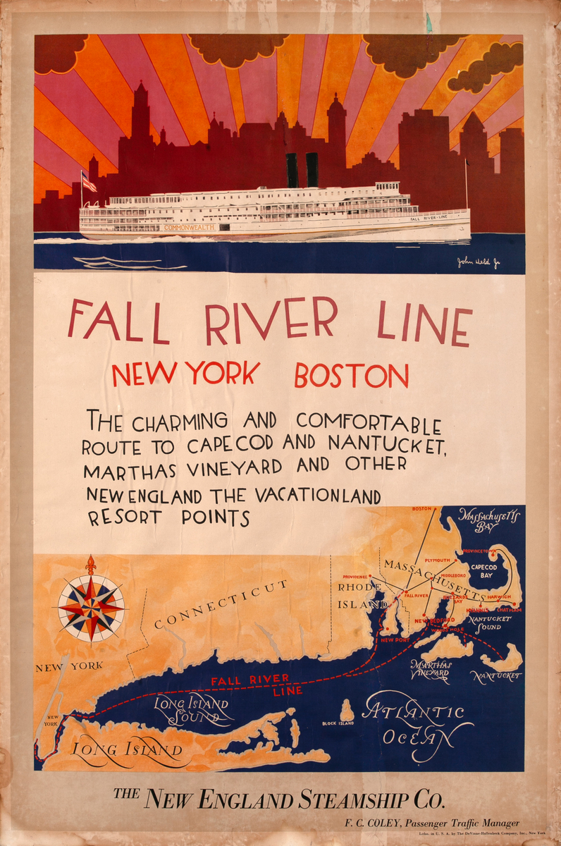 Fall River Line New York Boston Original New England Steampship Co. Travel Poster