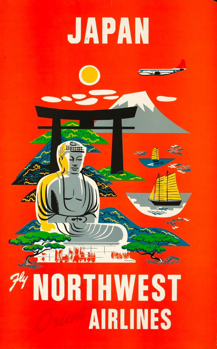 Japan Fly Northwest Orient Airlines Original Travel Poster