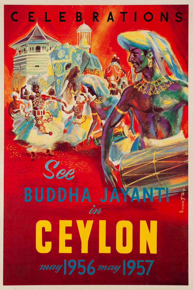 Celebrations See Buddha Jayanti in Ceylon May 1956 May 1957 Original Sri Lanka Travel Poster