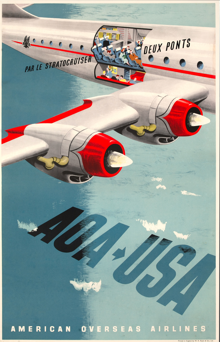 AOA to USA Par le Stratocruiser Deux Points Original American Overseas Airlines Poster