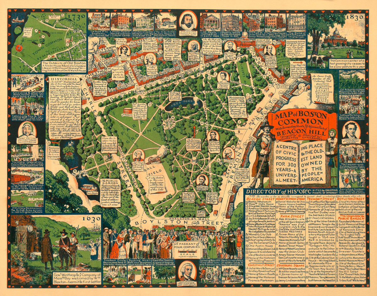 Map of Boston Common With Surrounding Streets and Adjacent Parts of Beacon Hill Original Travel Poster