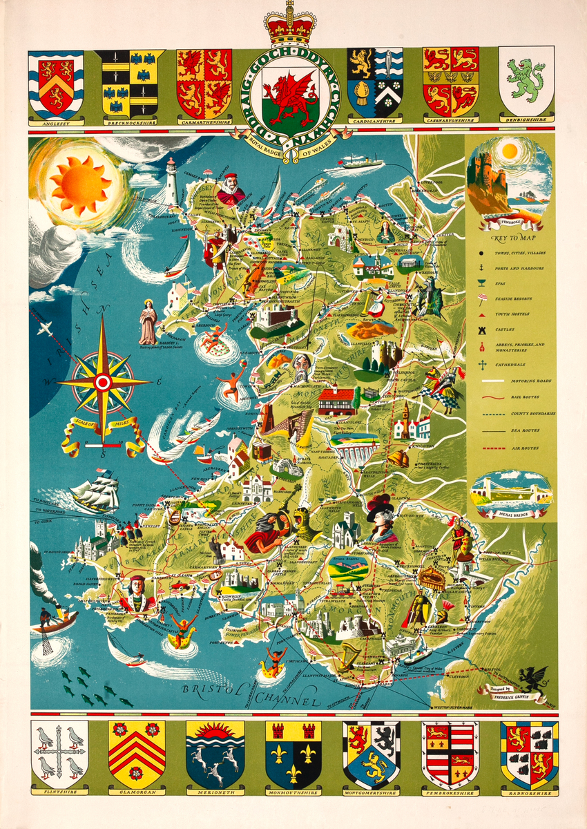 Illustrated Map of Wales Original Travel Poster | David Pollack Vintage ...