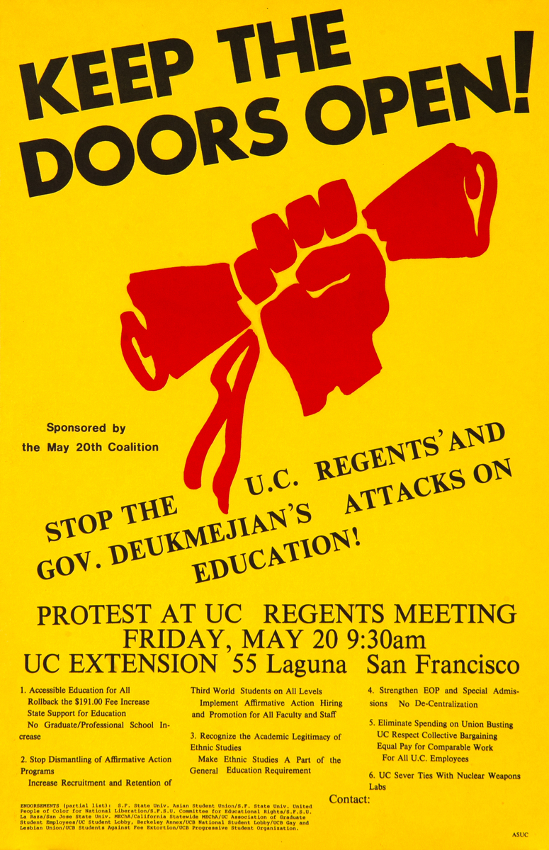 Keep the Doors Open - Stop the U.C. Regents’ and Gov. Deukmejian’s Attack on Education Protest Poster 