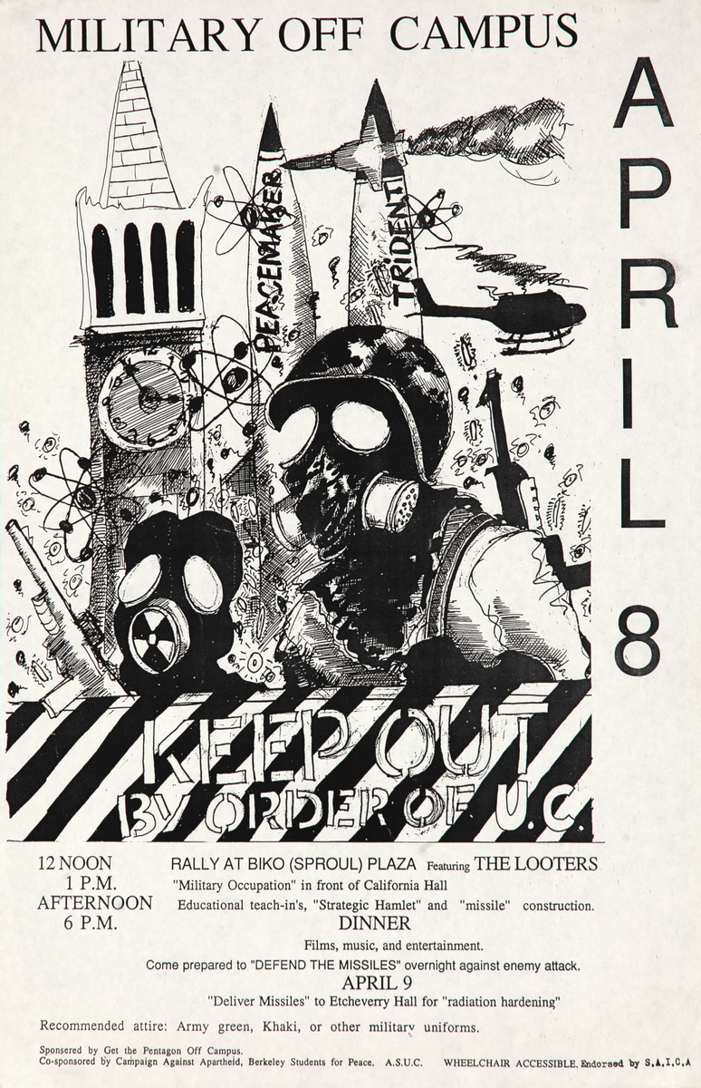 Military Off Campus April 8 Original University of California Berkley Protest Poster