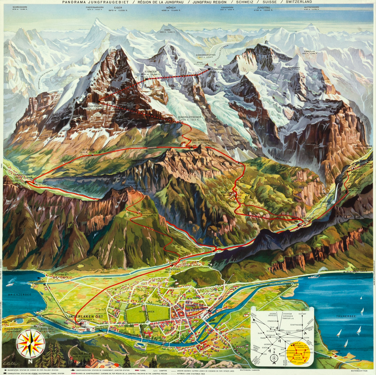 Jungfrau Swiss Panorama Original Illustrated Map Poster