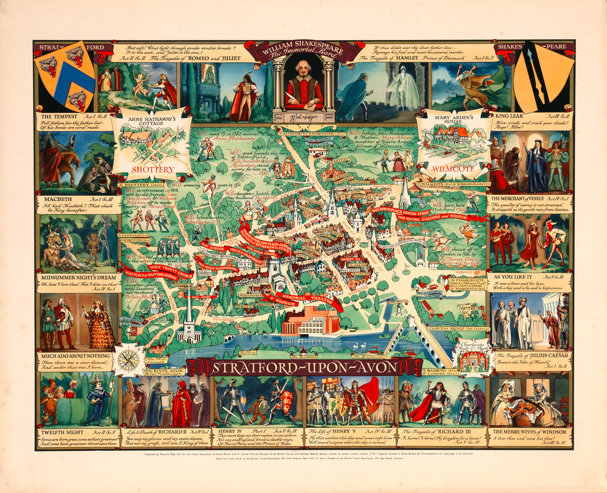 Stratford - Upon - Avon, William Shakespeare Original British Travel Map 