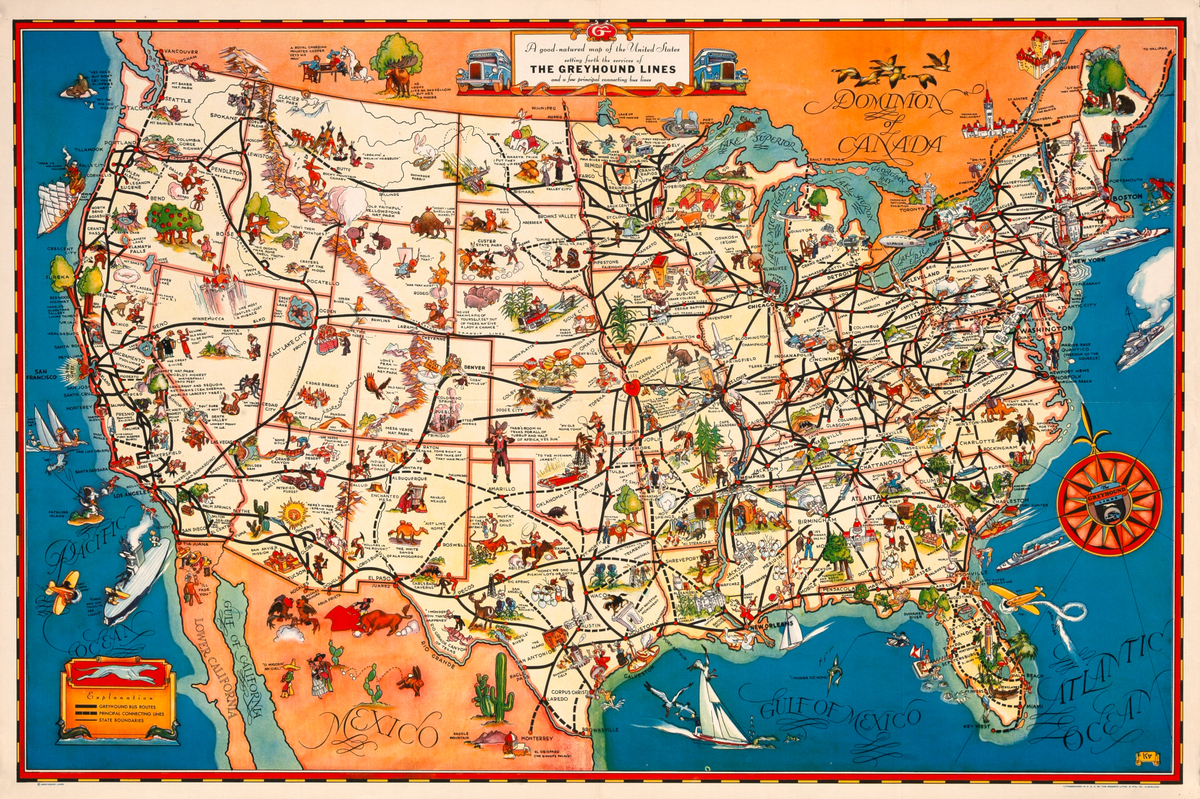 A Good-Natured Map of the United States Original Greyhound Bus Travel Poster